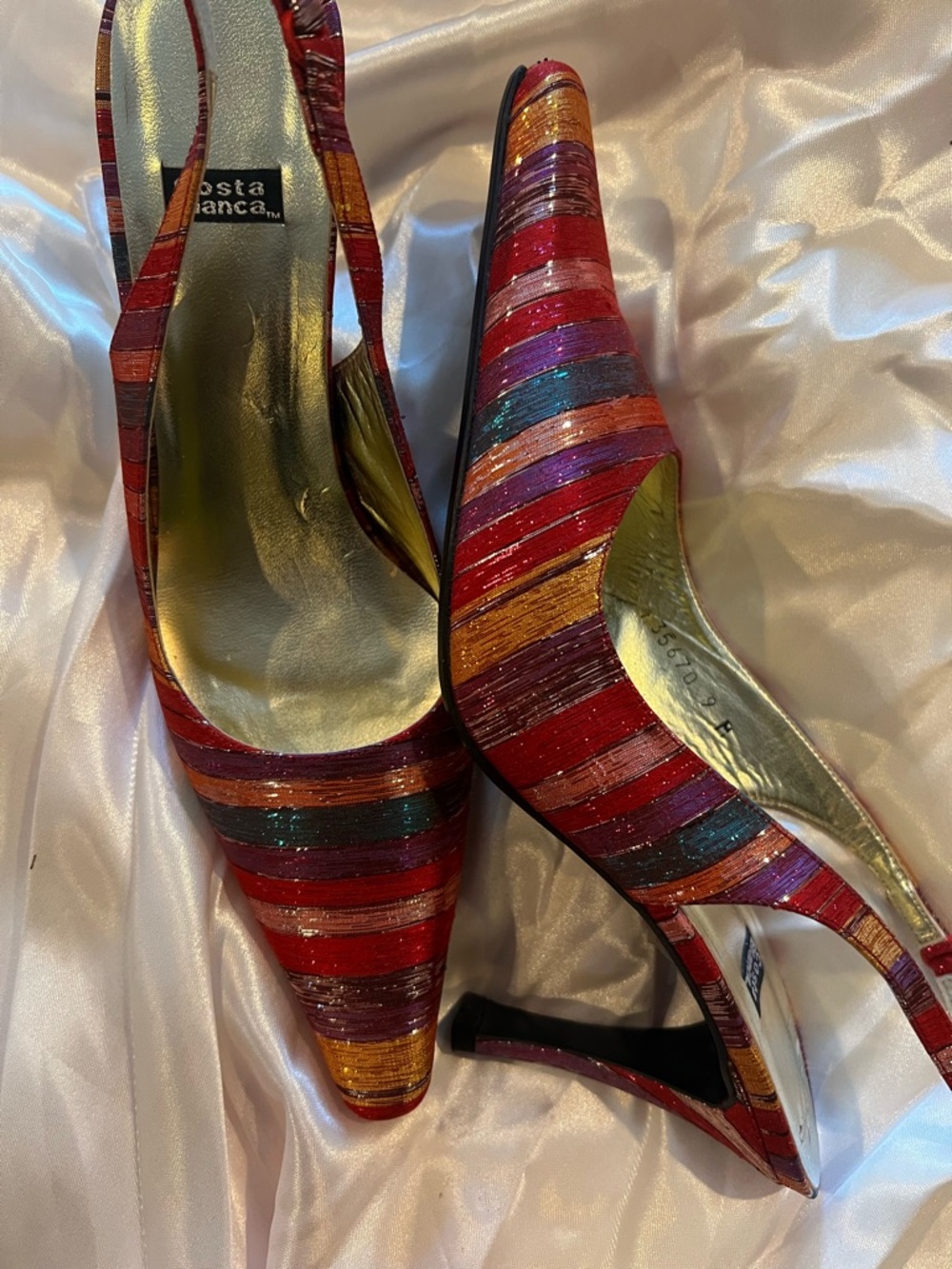 Costa Blanca Multicolor Metallic Striped Pointed-Toe Slingback Heels